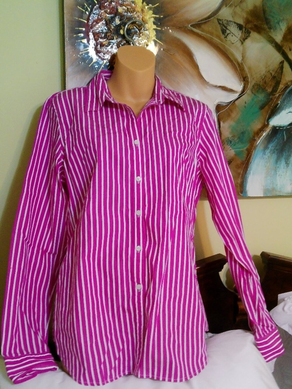 RALPH LAUREN SIZE 12 BLOUSE GOOD CONDITION FUCHSIA AND WHITE STRIPE